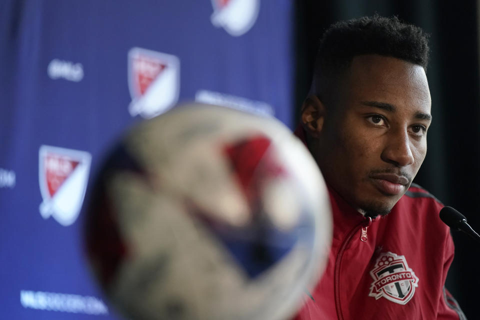 Toronto FC's Mark-Anthony Kaye speaks during MLS soccer media day in San Jose, Calif., Tuesday, Jan. 10, 2023. (AP Photo/Jeff Chiu)