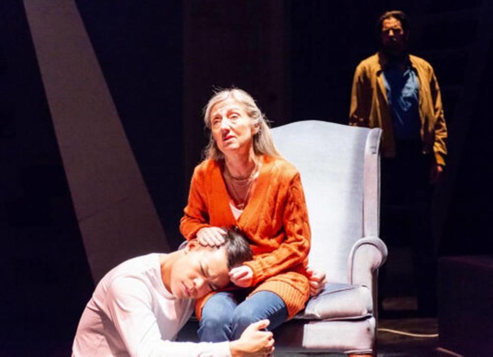 Jeni Hacker as Diana comforts Nate Promkul as Gabe while Robert Koutras as Dr. Fine listens in Zoetic Stage’s “Next to Normal.” (Photo courtesy of Justin Namon)