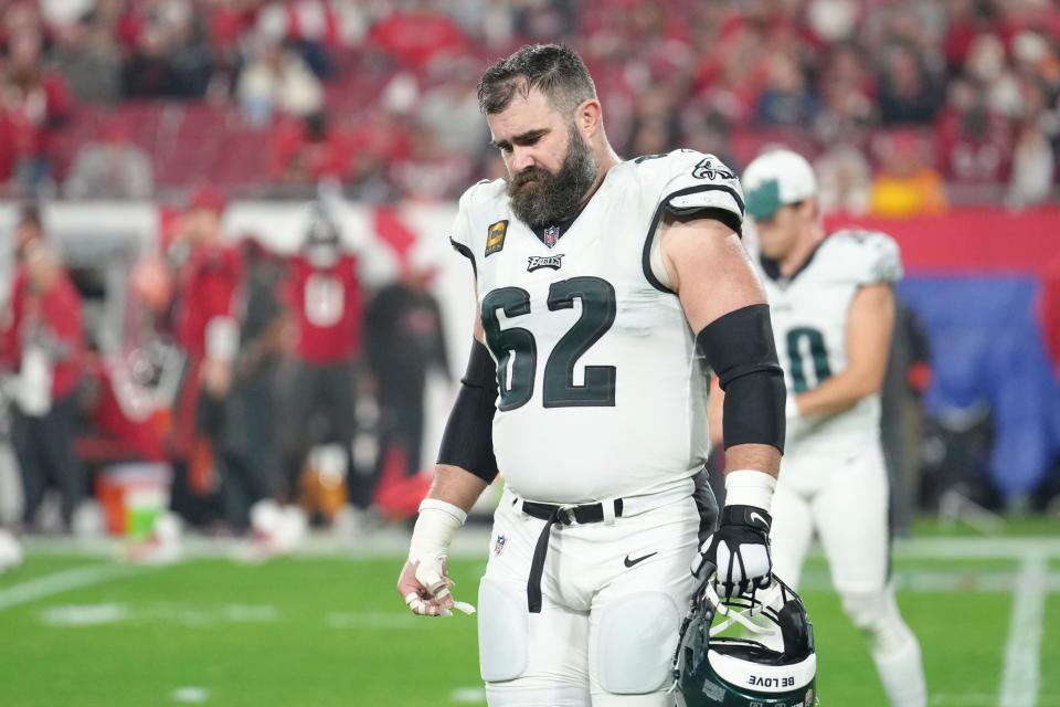 Philadelphia Eagles center Jason Kelce (62) walks to the team bench for the second half during an NFL wild-card playoff game against the Tampa Bay Buccaneers, Monday, Jan. 15, 2024 in Tampa, Fla.
