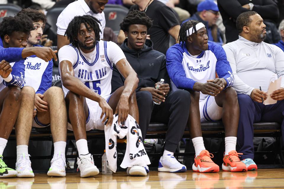 Jan 24, 2024; Newark, New Jersey, USA; Seton Hall Pirates guard Kadary Richmond (center) looks on from the bench during the first half against the Providence Friars at Prudential Center. Mandatory Credit: Vincent Carchietta-USA TODAY Sports