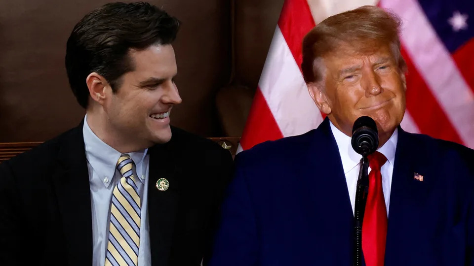 Side-by-side images of Rep. Matt Gaetz and former President Donlad Trump.