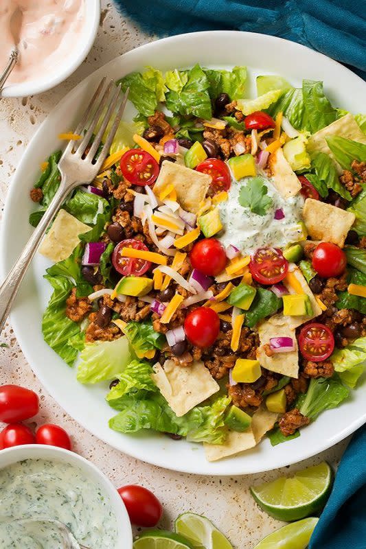 <p>Cooking Classy</p><p>A fresh, flavorful taco salad with double protein from black beans and turkey. </p><p><strong>Cost: $19.69</strong><br></p><p><strong>Get the recipe: <a href="https://www.cookingclassy.com/turkey-black-bean-taco-salad/" rel="nofollow noopener" target="_blank" data-ylk="slk:Turkey Black Bean Taco Salad;elm:context_link;itc:0;sec:content-canvas" class="link rapid-noclick-resp">Turkey Black Bean Taco Salad</a></strong></p><p><strong>Related: <a href="https://parade.com/846080/andreagleeson/ground-turkey-casserole-recipes/" rel="nofollow noopener" target="_blank" data-ylk="slk:25 Easy Ground Turkey Casseroles;elm:context_link;itc:0;sec:content-canvas" class="link rapid-noclick-resp">25 Easy Ground Turkey Casseroles</a></strong></p>