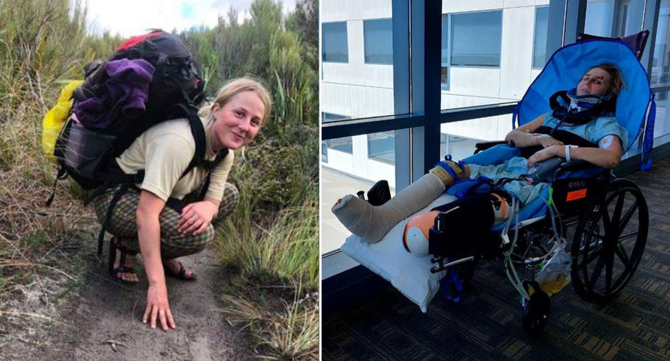 Anna Parsons outdoors with hiking backpack (left) Anna Parsons in wheelchair with neck brace (right)