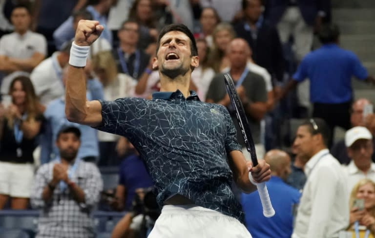 Sampras in his sights: Novak Djokovic celebrates his semi-final win against Kei Nishikori