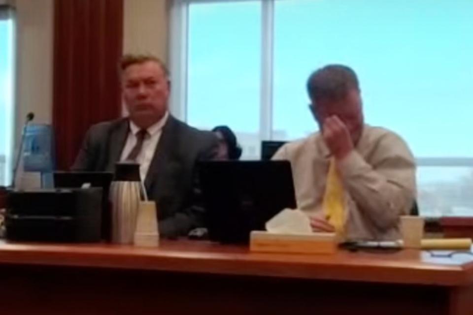 Chad Daybell wiped away tears as the 911 call from his wife’s sudden death was played in court (Judge Steven Boyce/YouTube)