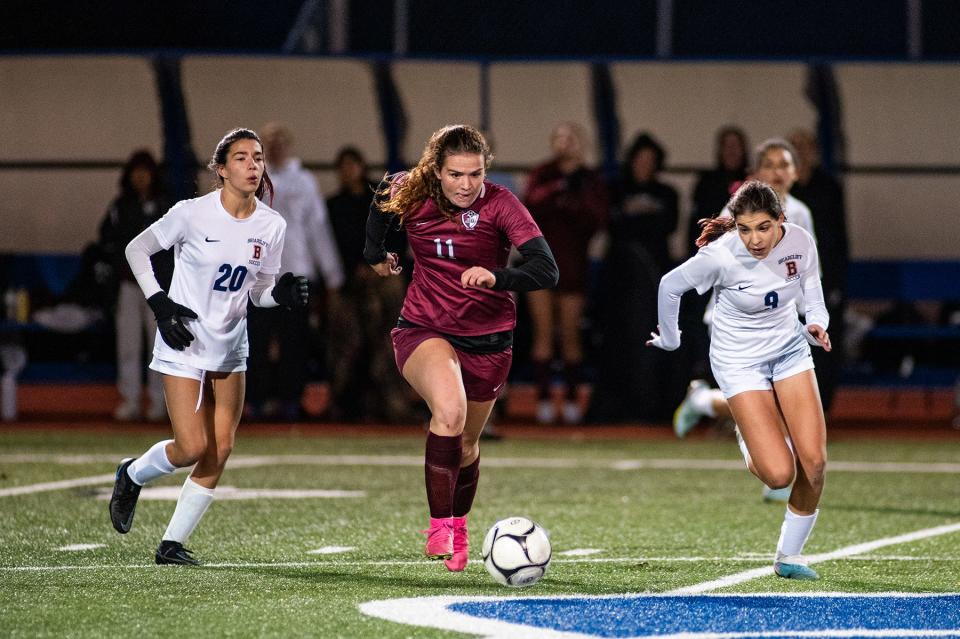 O'Neill's Daisy West goes after the ball during the girls Class B subregional soccer game in Wallkill, NY on Wednesday, November 1, 2023. O'Neill defeated Briarcliff in double overtime 3-2. KELLY MARSH/FOR THE TIMES HERALD-RECORD