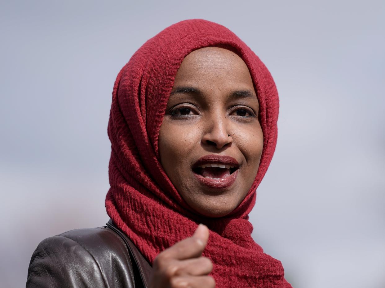  Representative Ilhan Omar speaks in Brooklyn Center, Minn., during a news conference at the site of the fatal shooting of Daunte Wright (AP)