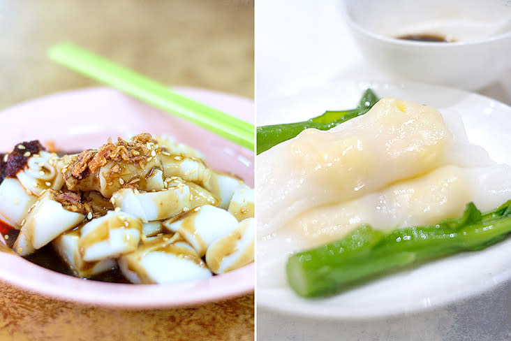 Penang style with sweet sauce and 'hae ko' (left). The original Cantonese version in Hong Kong (right).