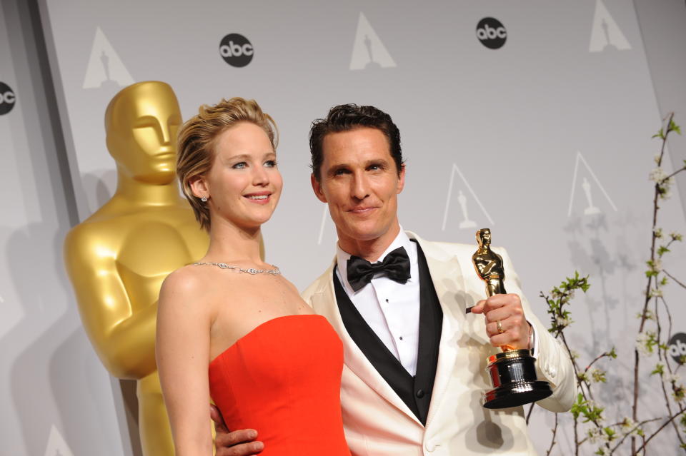 Academy Award Winners L-R: Jennifer Lawrence, Matthew McConaughey in the press room during the 86th Annual Academy Awards, held at the Dolby Theater in Hollywood, California, Sunday, March 2, 2014. (Photo by Jennifer Graylock/Sipa USA)