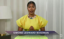 En esta imagen tomada de video y proporcionada por los Premios SAG, Simone Ledward Boseman, la viuda de Chadwick Boseman, acepta el premio al mejor actor en su nombre por "Ma Rainey's Black Bottom" en una ceremonia virtual y pregrabada que se transmitió el domingo 4 de abril de 2021. (SAG Awards via AP)