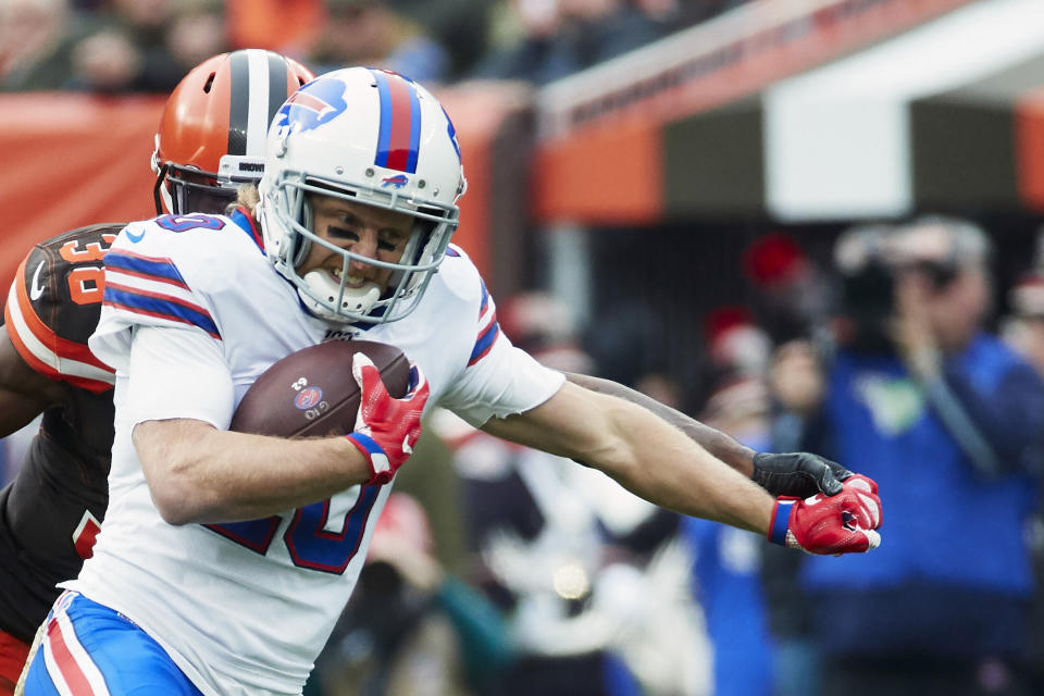 FILE - Buffalo Bills wide receiver Cole Beasley (10) runs the ball against the Cleveland Browns during an NFL game on Sunday, Nov. 10, 2019 in Cleveland. Beasley wouldn’t go so far as to call it an epiphany in determining he’s going to focus less on personal production and more on team goals. (AP Photo/Rick Osentoski, File)