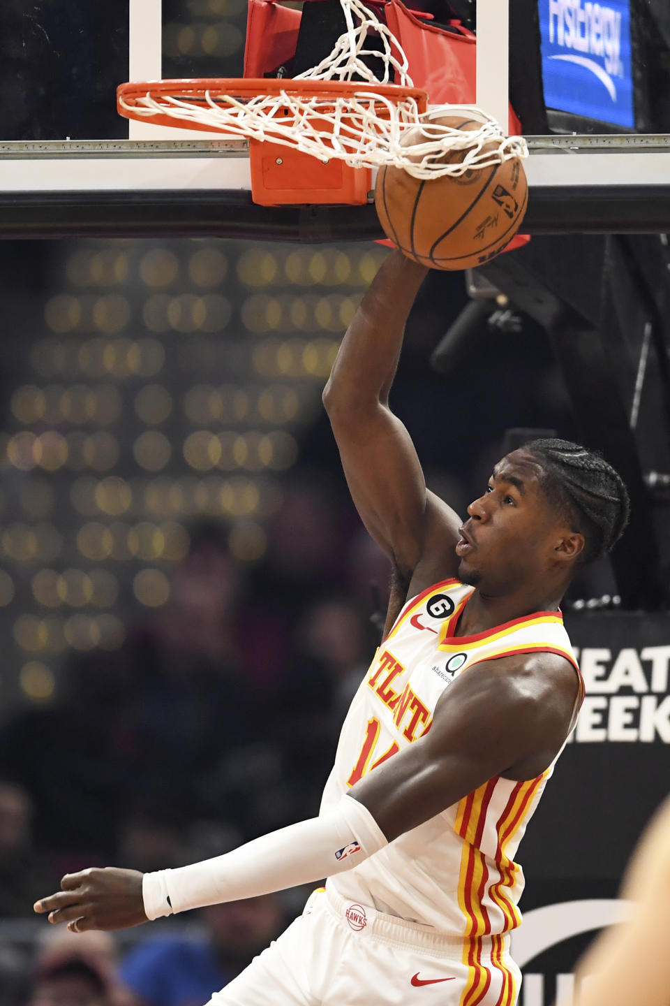 Atlanta Hawks forward AJ Griffin dunks during the first half of an NBA basketball game against the Cleveland Cavaliers, Monday, Nov. 21, 2022, in Cleveland. (AP Photo/Nick Cammett)