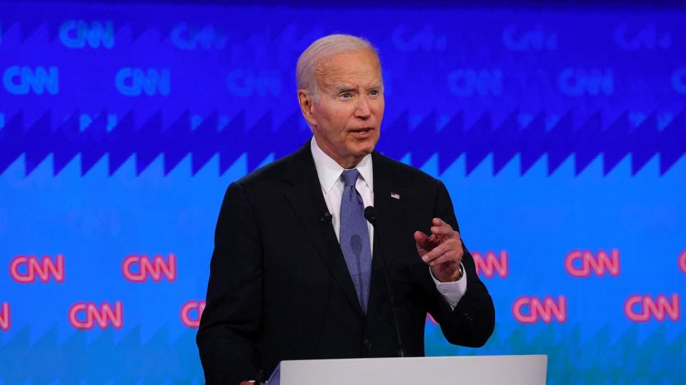 PHOTO: Democrat candidate President Joe Biden speaks during a presidential debate with Republican candidate, former President Donald Trump, in Atlanta, on June 27, 2024.   (Brian Snyder/Reuters)