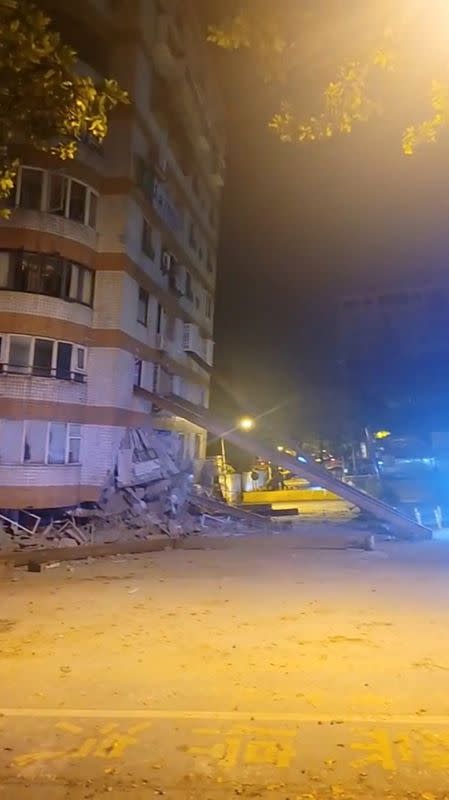 A building, which, according to the Hualien government, is unoccupied after it was previously damaged in an earlier quake on April 3, is seen following a series of earthquakes, in Hualien