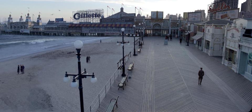 In this undated publicity photo provided by HBO, a scene from "Boardwalk Empire" is shown. A set of Atlantic City circa 1920s, contained in a Brooklyn soundstage, was stretched by software to add the Atlantic Ocean using computer-generated imagery. "Boardwalk Empire," vies for a nomination in a new category of Emmy special effects, along with other contenders such other distinctly down-to-earth dramas "Mad Men," "Downtown Abbey" and "Game Change." (AP Photo/HBO)