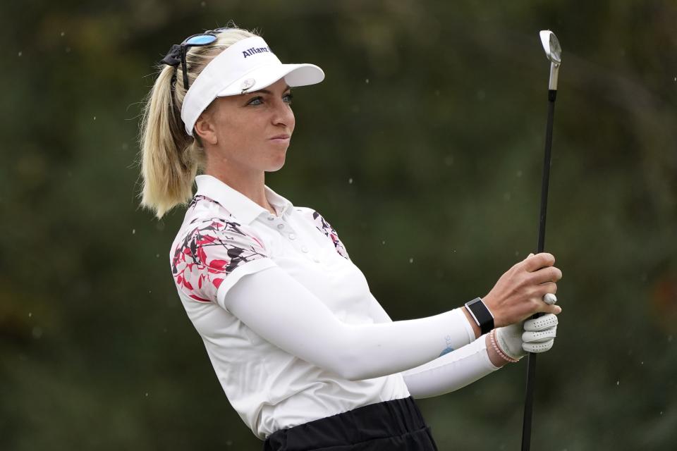 FILE - Sophia Popov, of Germany watches her drive off the 16th tee during the second round of the U.S. Women's Open golf tournament in Houston, Friday, Dec. 11, 2020. Popov highlighted an unusual year on the LPGA Tour when she won the Women's British Open. (AP Photo/Eric Gay)