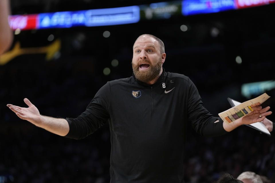 Memphis Grizzlies head coach Taylor Jenkins gestures during the second half in Game 3 of a first-round NBA basketball playoff series against the Los Angeles Lakers Saturday, April 22, 2023, in Los Angeles. (AP Photo/Mark J. Terrill)