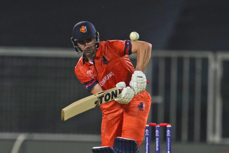 Netherlands' Colin Ackermann plays a shot during ICC Men's Cricket World Cup warm up matches between Australia and Netherlands in Thiruvananthapuram, India, Saturday, Sept. 30, 2023. (AP Photo/Manish Swarup)