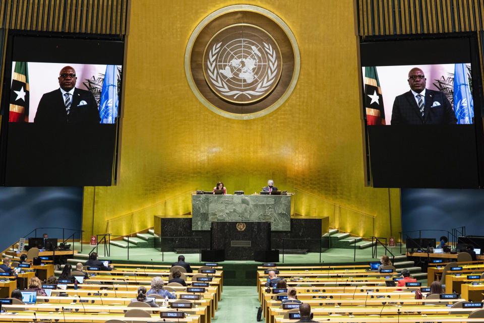 In this photo provided by the United Nations, Timothy S. Harris, Prime Minister of Saint Kitts and Nevis, speaks in a pre-recorded message which was played during the 75th session of the United Nations General Assembly, Saturday, Sept. 26, 2020, at the U.N. headquarters. (Rick Bajornas/UN Photo via AP)