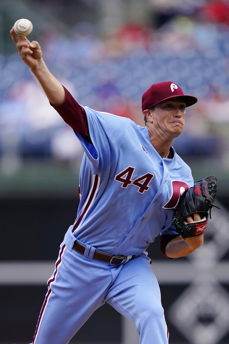 Philadelphia Phillies' Kyle Gibson pitches during the first inning of a baseball game against the Miami Marlins, Thursday, Aug. 11, 2022, in Philadelphia. (AP Photo/Matt Slocum)