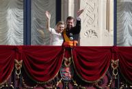 LUXEMBOURG - OCTOBER 20: (NO SALES, NO ARCHIVE) In this handout image provided by the Grand-Ducal Court of Luxembourg, Princess Stephanie of Luxembourg and Prince Guillaume of Luxembourg wave from the balcony of the Grand-Ducal Palace after their wedding ceremony at the Cathedral of our Lady of Luxembourg on October 20, 2012 in Luxembourg, Luxembourg. The 30-year-old hereditary Grand Duke of Luxembourg is the last hereditary Prince in Europe to get married, marrying his 28-year old Belgian Countess bride in a lavish 2-day ceremony. (Photo by Grand-Ducal Court of Luxembourg via Getty Images)
