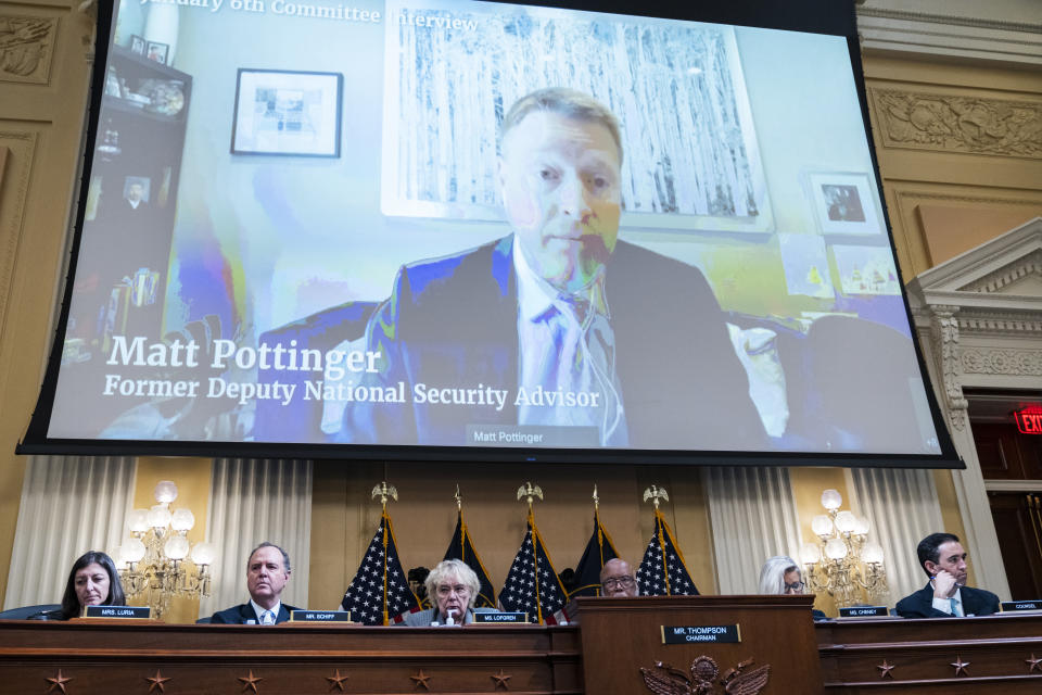 Matt Pottinger is seen on a monitor as Cassidy Hutchinson, an aide to former White House Chief of Staff Mark Meadows, testified during the Select Committee to Investigate the January 6th Attack on the United States Capitol hearing to present previously unseen material and hear witness testimony in Cannon Building, on Tuesday, June 28, 2022.  (Tom Williams/CQ-Roll Call, Inc via Getty Images)