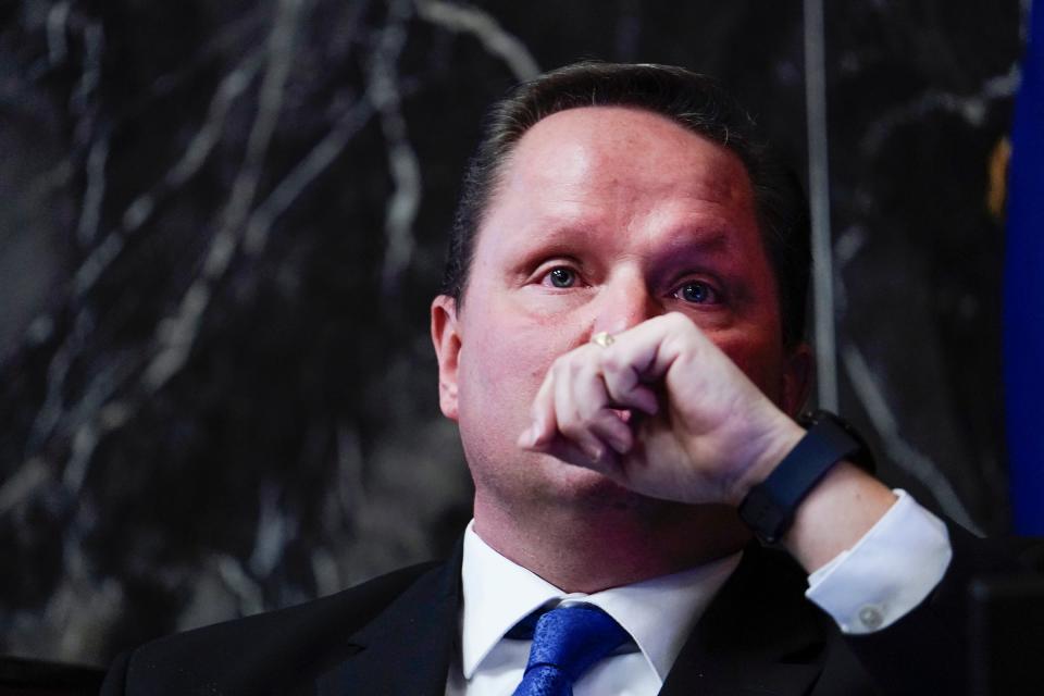 Forensic expert Edward Wagrowski becomes emotional as he testifies during James Crumbley's trial in the Oakland County courtroom of Cheryl Matthews on Thursday, March 7, 2024.