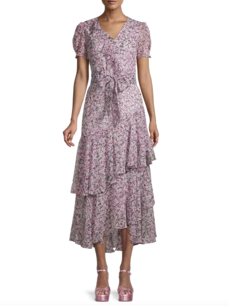 model in purple and pink floral dress, Karl Lagerfeld Paris Floral Ruffle Midi Dress (Photo via Saks Off Fifth)