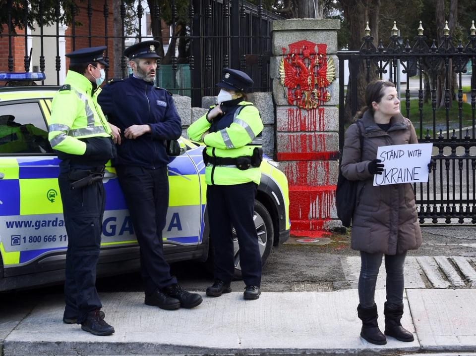 The Russian Embassy in Dublin has been the scene of protests since Russia invaded Ukraine on 24 February (Clodagh Kilcoyne/Reuters)