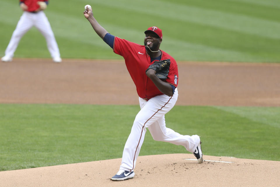 Minnesota Twins pitcher Michael Pineda (35) throws against the Seattle Mariners during the first inning of a baseball game, Saturday, April 10, 2021, in Minneapolis. (AP Photo/Stacy Bengs)