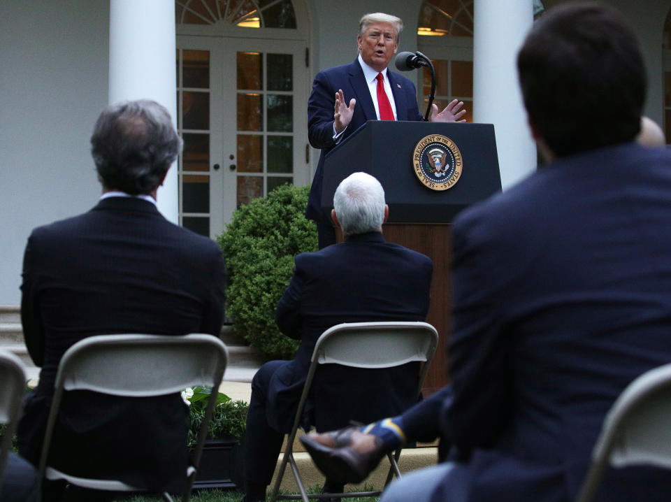 WASHINGTON, DC - APRIL 14: U.S. President Donald Trump speaks during the daily briefing of the White House Coronavirus Task Force in the Rose Garden at the White House April 14, 2020 in Washington, DC. President Trump announced that he is halting funding for World Health Organization WHO.  (Photo by Alex Wong/Getty Images)