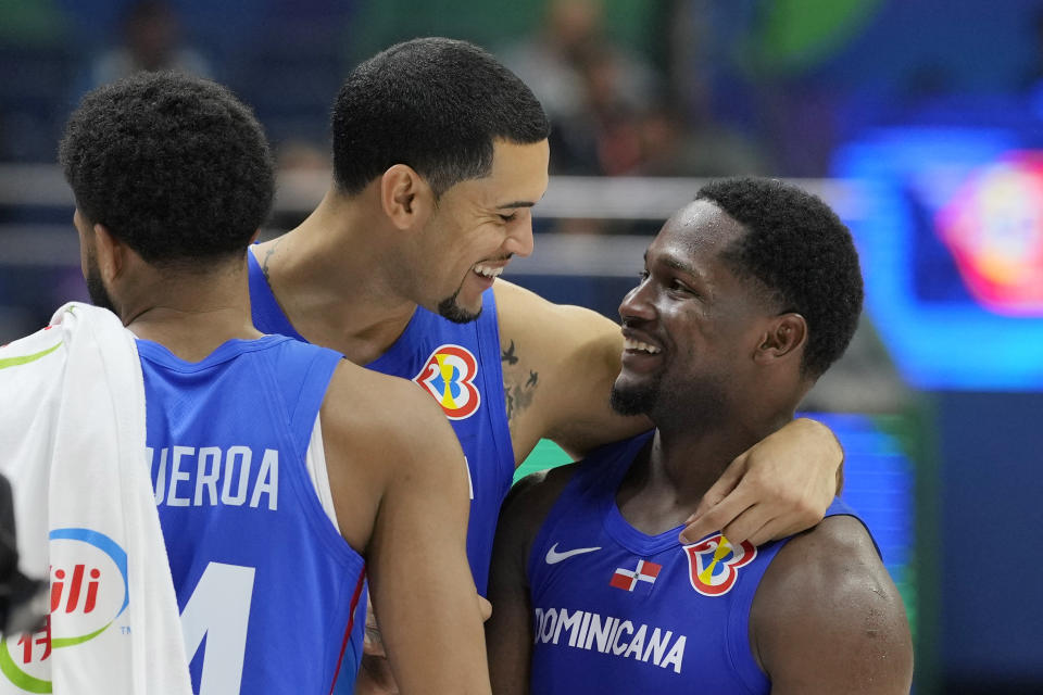 Dominican Republic guard Andres Feliz (10) reacts afer their Basketball World Cup group A match against Italy at the Araneta Coliseum in Manila, Philippines Sunday, Aug. 27, 2023. (AP Photo/Aaron Favila)