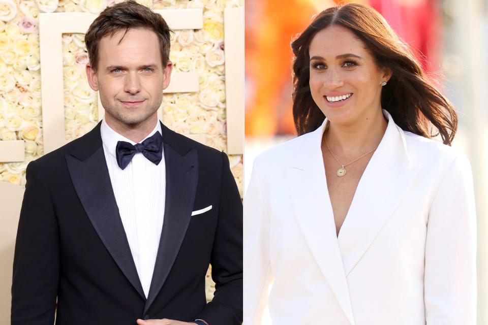 <p>Jon Kopaloff/WireImage</p> Patrick J. Adams at the Golden Globes 2024 red carpet, Meghan Markle