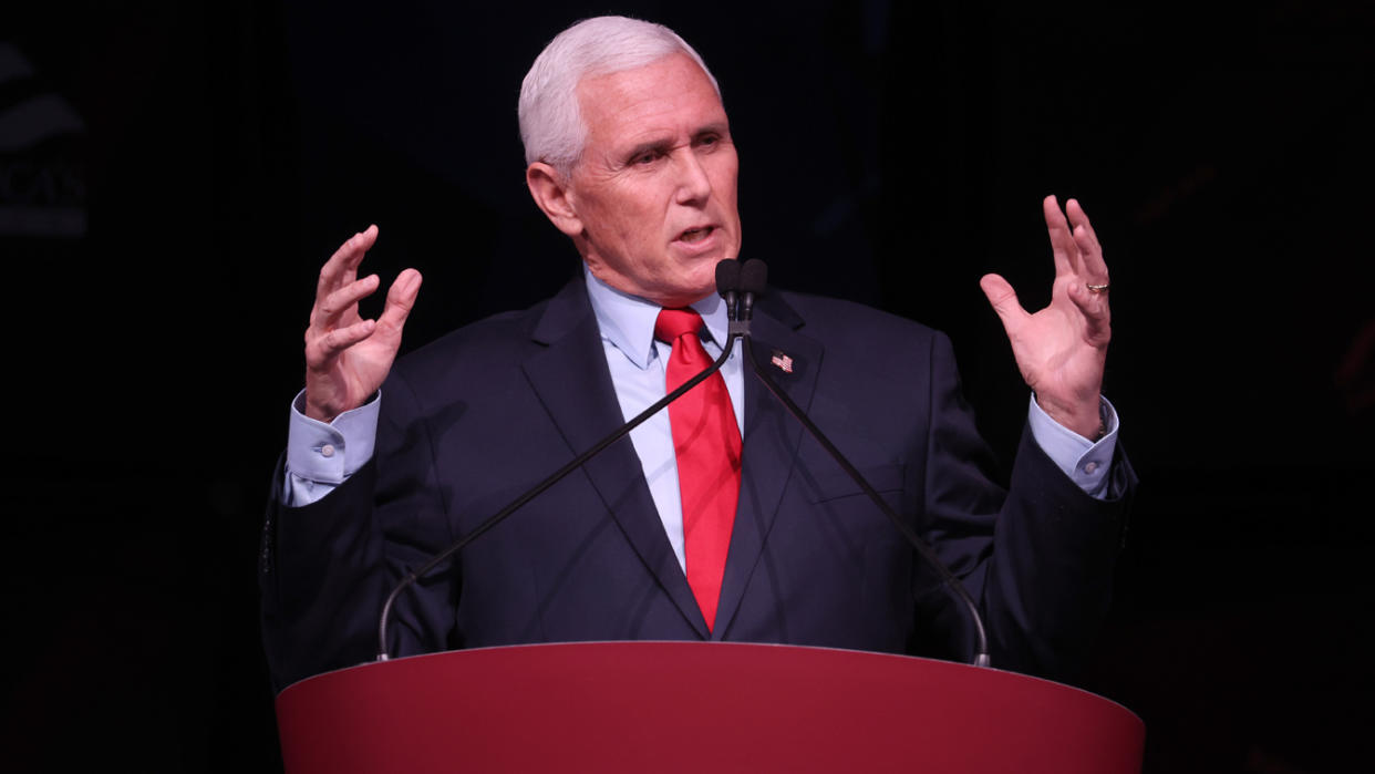 Former  Vice President Mike Pence gestures during a speech at the Advancing Freedom Lecture Series at Stanford University.