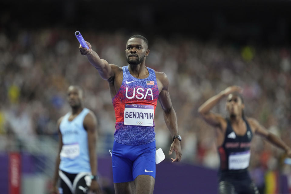 Benjamin of US holds off Tebogo of Botswana to win men's 4x400 relay at