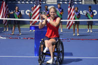 Diede De Groot, of the Netherlands, holds the championship trophy after her victory over Yui Kamiji, of Japan, in the women's wheelchair singles final at the US Open tennis championships, Sunday, Sept. 12, 2021, in New York. (AP Photo/Elise Amendola)