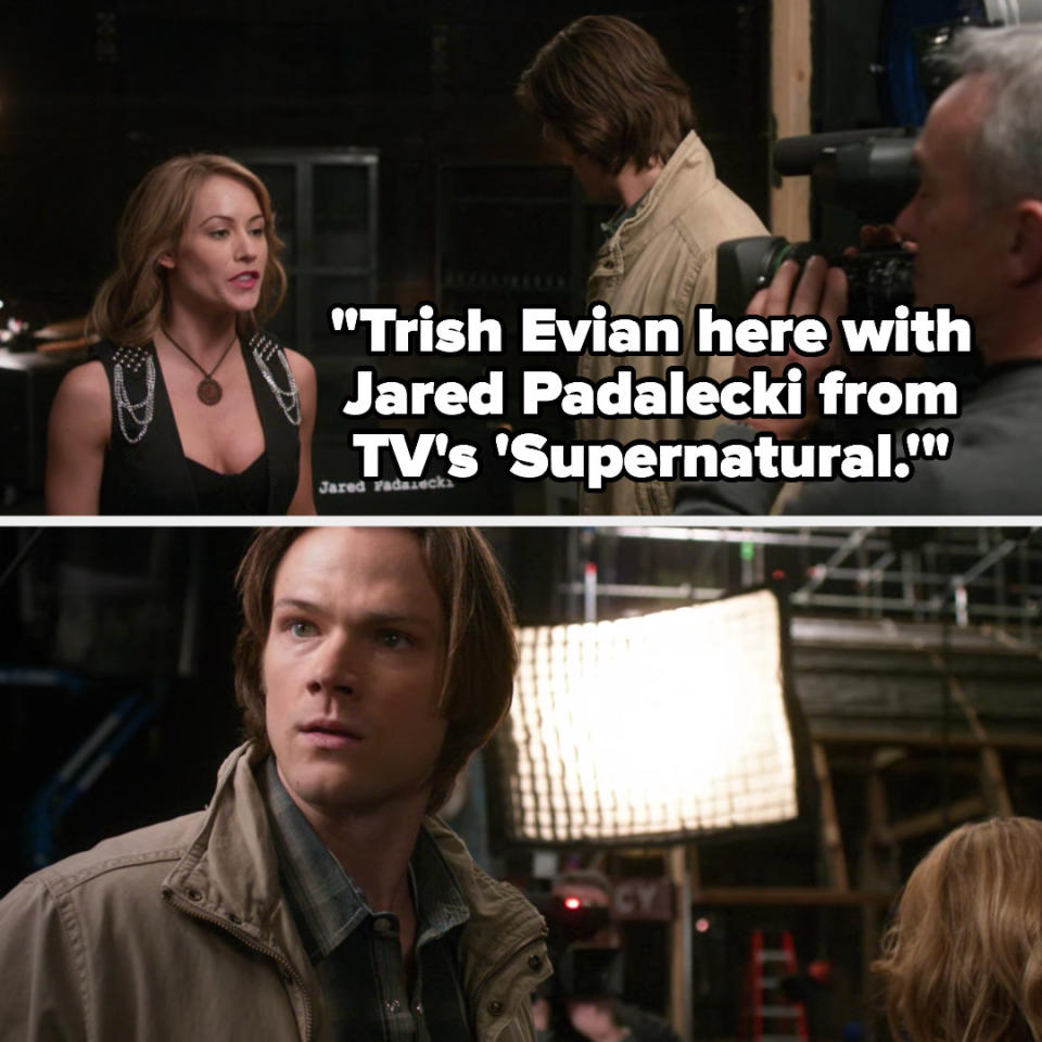 Reporter says she's there with Jared Padalecki from TV's "Supernatural" as Sam looks around confused