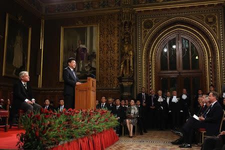 China's President, Xi Jinping addresses MPs and peers in Parliament's Royal Gallery, in London, Britain, October 20, 2015. Xi is on a state visit to Britain. REUTERS/Dan Kitwood/Pool