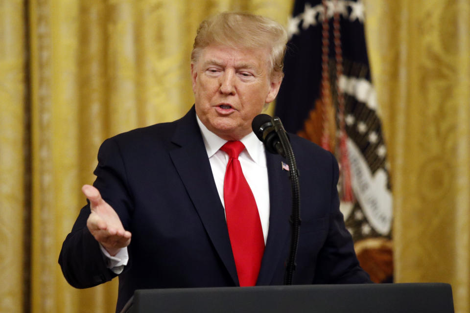 President Donald Trump speaks in the East Room of the White House about his judicial appointments, Wednesday, Nov. 6, 2019, in Washington. (AP Photo/Patrick Semansky)