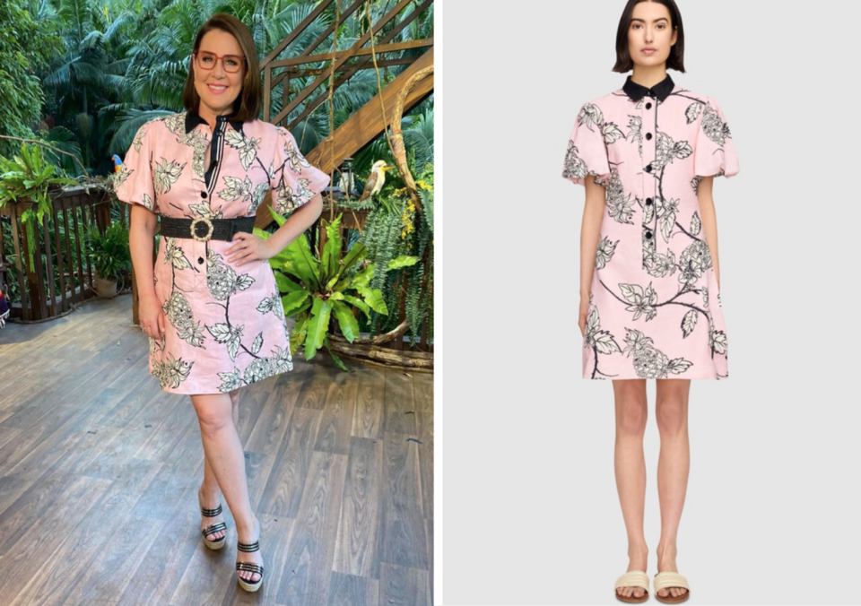 julia morris on i&#39;m a celeb 2022 and pink pineapple print mini dress by Leo Lin 