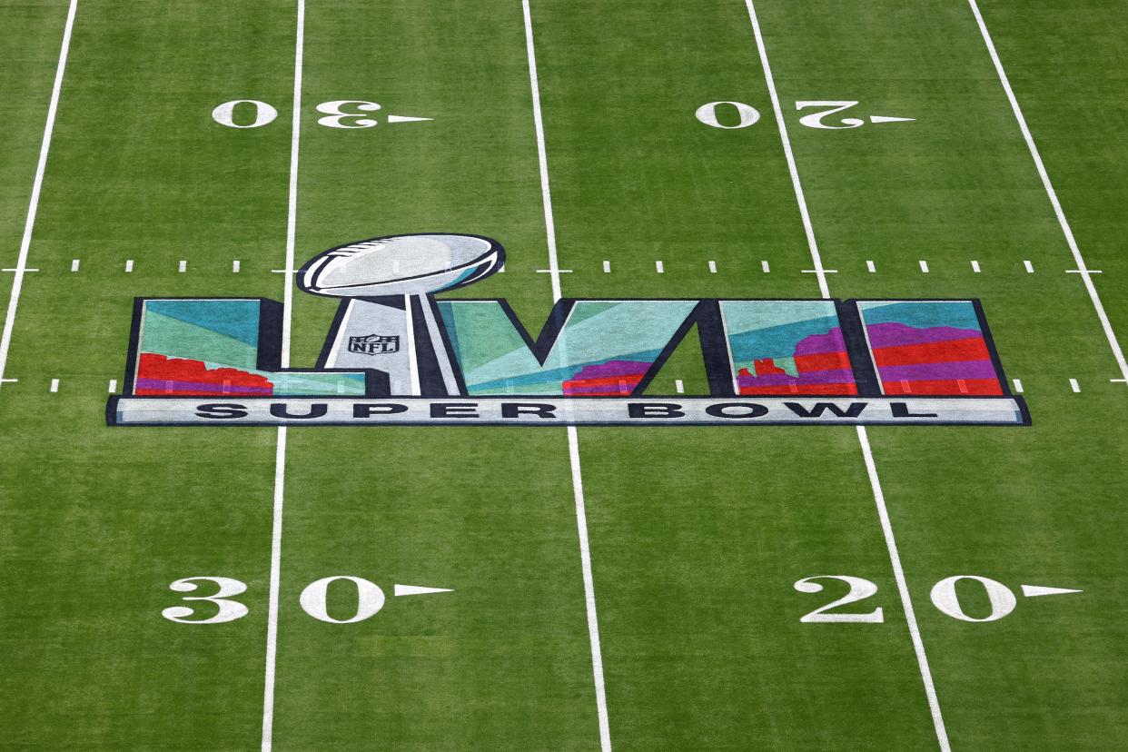 GLENDALE, ARIZONA - FEBRUARY 12: The Super Bowl LVII logo is seen on the field prior to Super Bowl LVII between the Kansas City Chiefs and the Philadelphia Eagles at State Farm Stadium on February 12, 2023 in Glendale, Arizona. (Photo by Rob Carr/Getty Images)