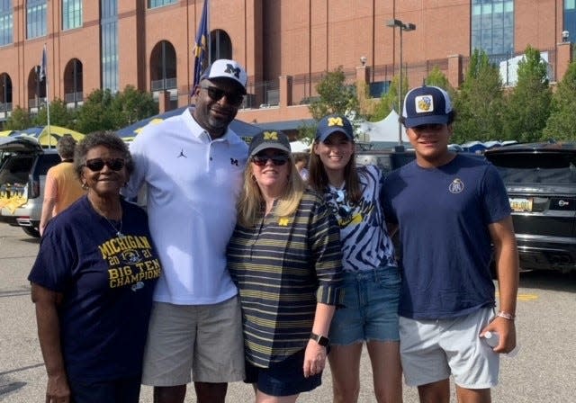 Grant Newsome's family attends his first game as Michigan's tight ends coach in 2022. From left to right, Newsome's grandmother, Sarah Newsome; father, Leon; mother, Kim; wife, Caroline; and brother, Gaines.