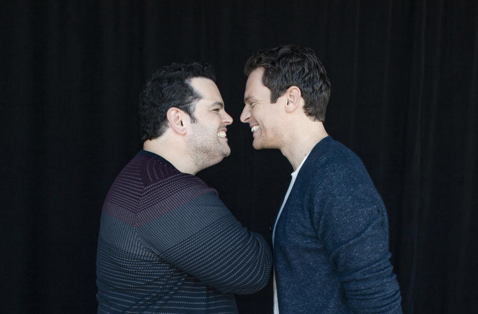 This Nov. 9, 2019 photo shows Jonathan Groff, who voices the character Kristoff, right, and Josh Gad, who voices the character Olaf, at The W Hotel in Los Angeles to promote their film "Frozen 2." (Photo by Rebecca Cabage/Invision/AP)