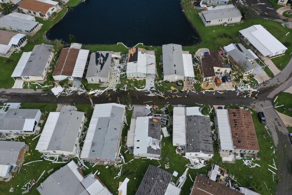 In this aerial view, damaged homes in Punta Gorda are seen after Hurricane Ian moved through Florida's Gulf Coast on Sept. 29, 2022.
