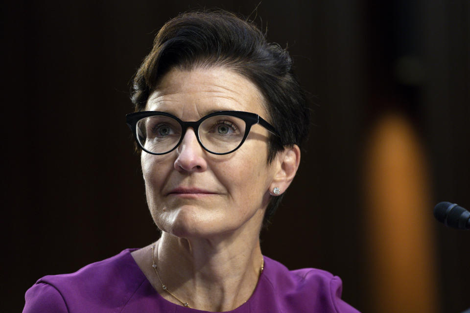 Citigroup CEO Jane Fraser testifies during an annual Wall Street oversight hearing of the Senate Banking Committee, Thursday, Sept. 22, 2022, on Capitol Hill in Washington.  (AP Photo/Jacquelyn Martin)