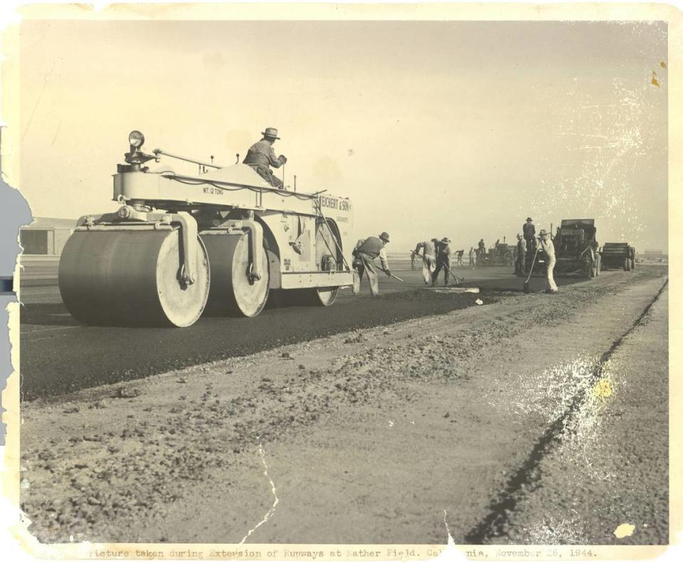 Teichert workers pave extensions to the runways at Mather Field in Sacramento County in 1944.