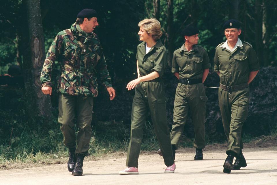 Diana, Princess of Wales (1961 - 1997) visits the Royal Hampshire Regiment during manoeuvres at Tidworth in Wiltshire, England, 23rd June 1988.