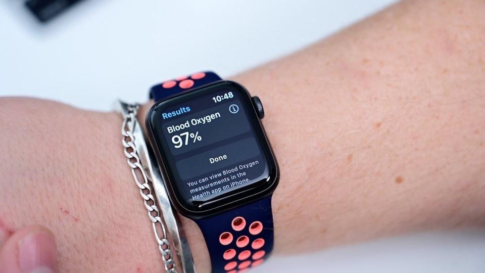A blood oxygen level reading on an Apple Watch