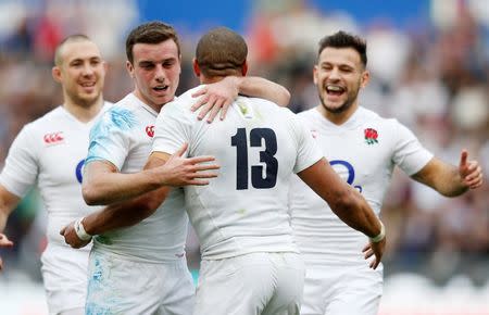 Rugby Union - Italy v England - RBS Six Nations Championship 2016 - Stadio Olimpico, Rome, Italy - 14/2/16 England's Jonathan Joseph celebrates after he scores the third try with George Ford and Danny Care Action Images via Reuters / Paul Childs Livepic