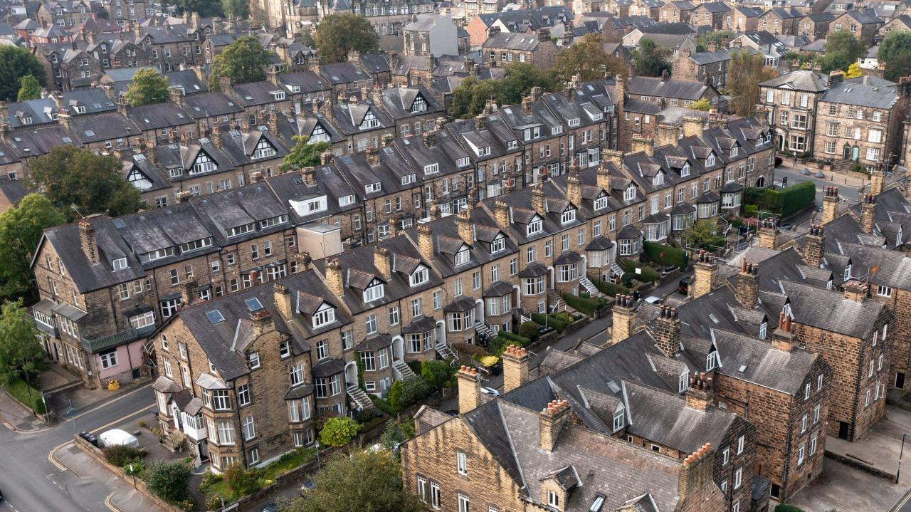 Panoramic view of exclusive four storey Victorian townhouses in an exclusive area of a UK city called Millionaire's Row with copy space